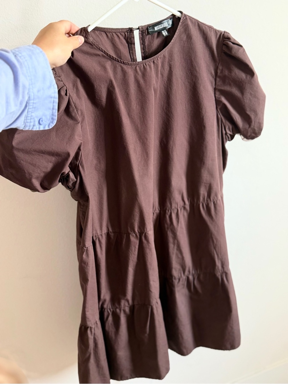 Chocolate Brown 100% Cotton Balloon Sleeve Tiered Mini Dress – US 10